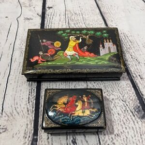 Set of 2 Palekh Vintage Russian Lacquer Box Hand Painted Scene Jewelry Trinket *